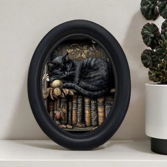 Book Pile Sleeping Black Cat